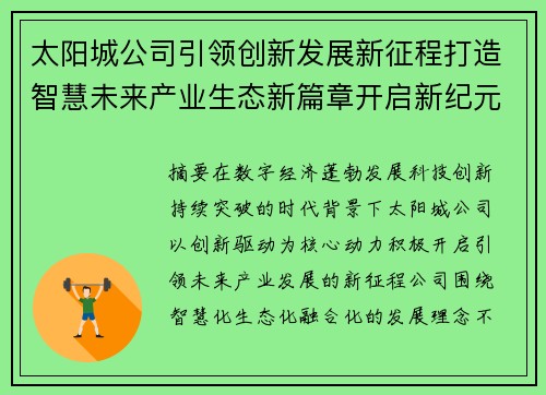 太阳城公司引领创新发展新征程打造智慧未来产业生态新篇章开启新纪元